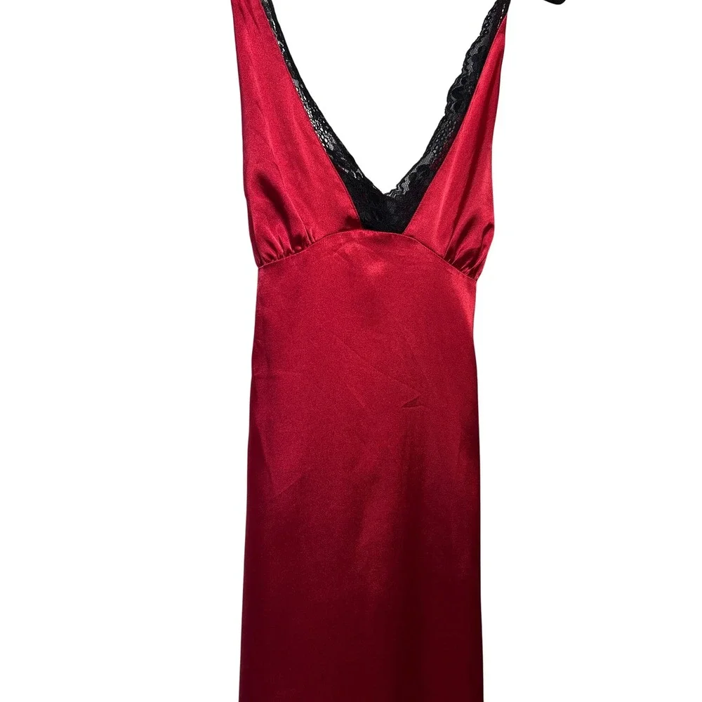 Red Satin Slip Dress Black Lace Trim Maxi Gown Lingerie UK size‎ 10 / US 6 Party